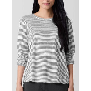 EILEEN FISHER Striped Organic Linen Jersey Long Sleeve Tee Shirt XL White Black